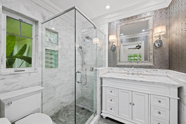 Bathroom, Glass Shower, Interior, Marble Walls, Recessed Lighting