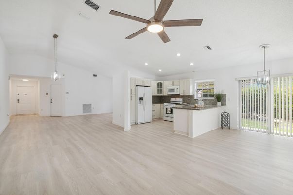Empty room, Interior, Kitchen, Pendant Lights, Recessed Lighting, Wood Texture Flooring