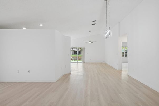 Empty room, Interior, Pendant Lights, Recessed Lighting, Wood Texture Flooring