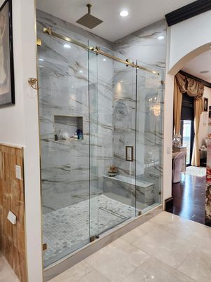 Bathroom, Glass Shower, Interior, Marble Walls, Recessed Lighting, Wood Texture Flooring