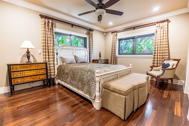 Bedroom, Interior, Recessed Lighting, Wood Texture Flooring