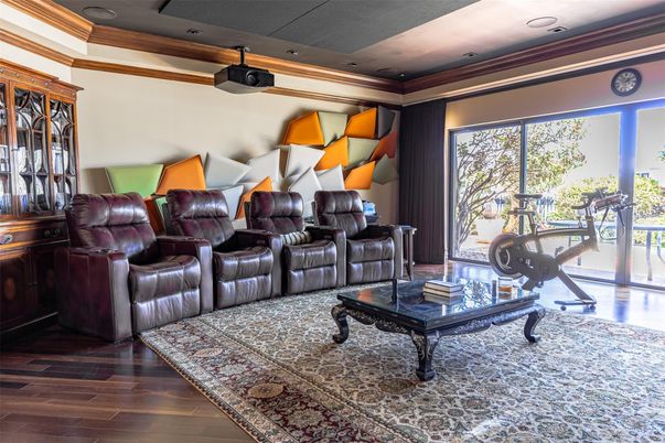 Home Theatre Room, Fitness Equipment, Interior, Recessed Lighting, Theatre Room, Wood Texture Flooring