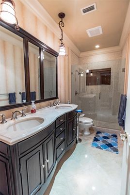 Bathroom, Dual Sink Vanities, Glass Shower, Interior, Pendant Lights, Recessed Lighting