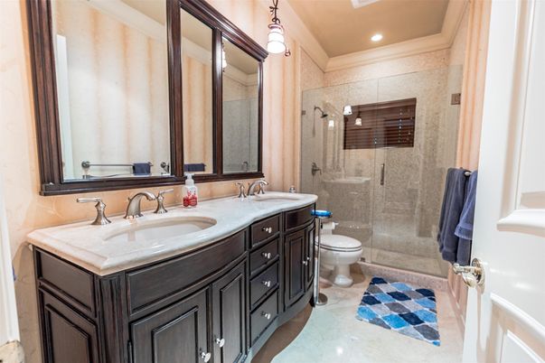 Bathroom, Dual Sink Vanities, Glass Shower, Interior, Recessed Lighting
