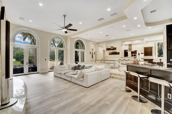 Interior, Kitchen, Living room, Pendant Lights, Recessed Lighting, Wood Texture Flooring