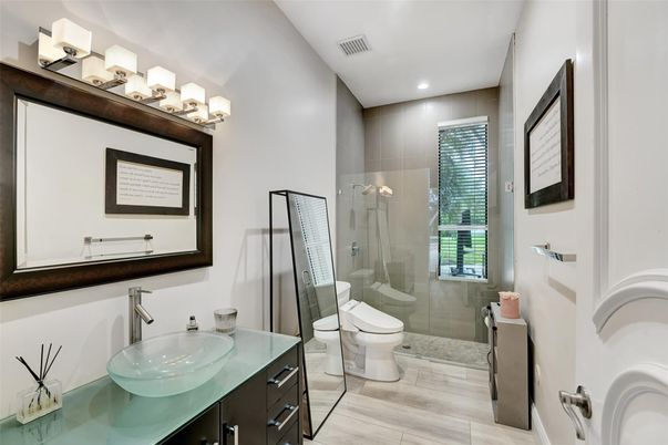 Bathroom, Glass Shower, Interior, Recessed Lighting, Wood Texture Flooring