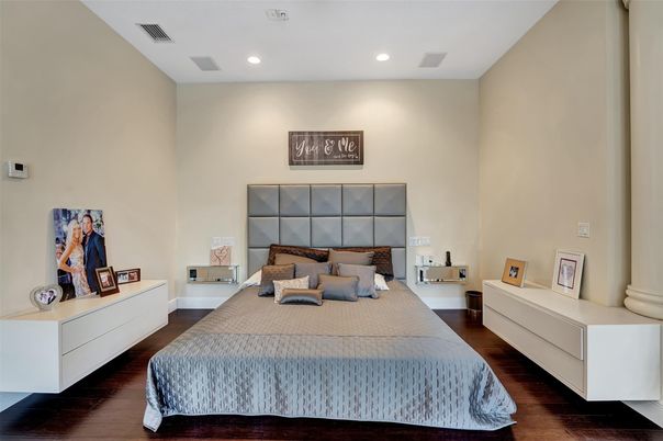 Bedroom, Interior, Recessed Lighting, Wood Texture Flooring
