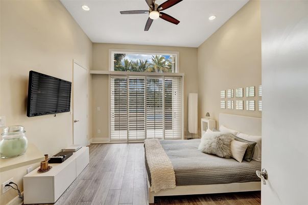 Bedroom, Interior, Recessed Lighting, Wood Texture Flooring