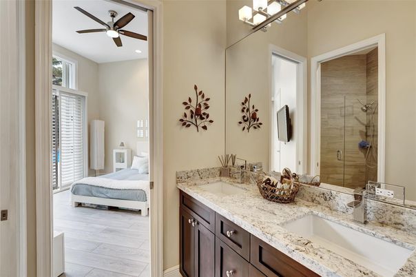 Bathroom, Bedroom, Dual Sink Vanities, Glass Shower, Interior, Recessed Lighting, Wood Texture Flooring