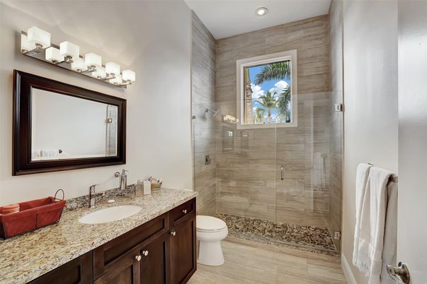 Bathroom, Dual Sink Vanities, Glass Shower, Interior, Recessed Lighting, Wood Texture Flooring