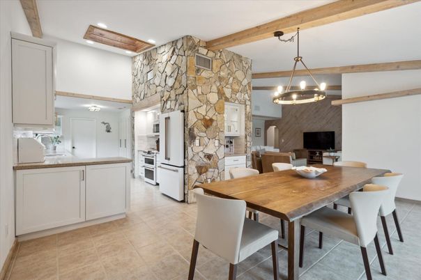 Dining room, Interior, Kitchen, Pendant Lights, Recessed Lighting, Stone Walls, Wooden Beams