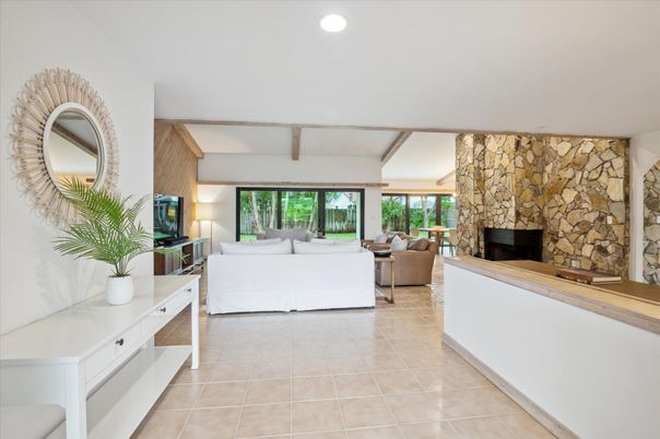Fireplace, Interior, Living room, Recessed Lighting, Stone Walls
