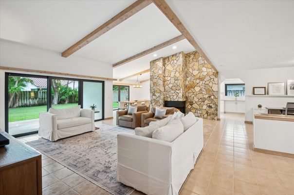 Fireplace, Interior, Living room, Pendant Lights, Recessed Lighting, Stone Walls, Wooden Beams