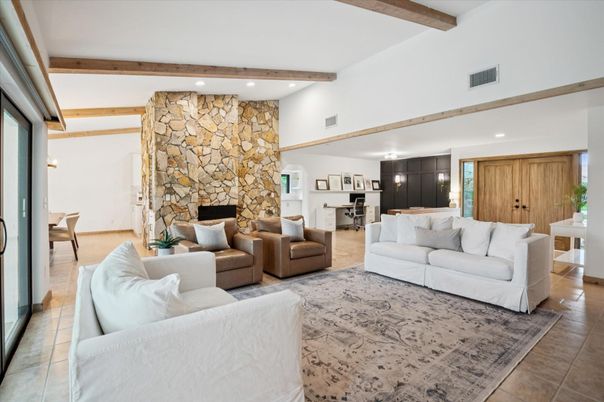 Dining room, Fireplace, Interior, Living room, Recessed Lighting, Stone Walls, Wooden Beams