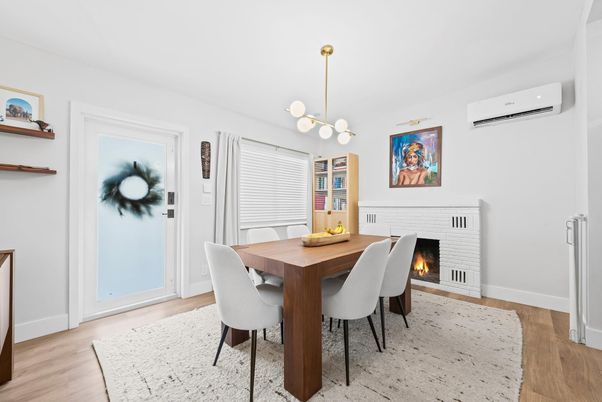 Dining room, Fireplace, Interior, Pendant Lights, Wood Texture Flooring