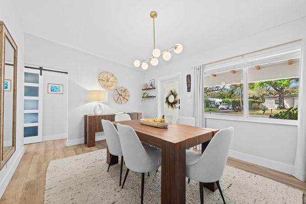 Dining room, Interior, Pendant Lights, Wood Texture Flooring