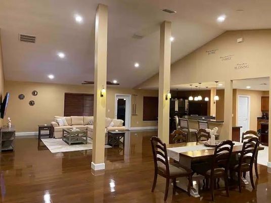 Dining room, Interior, Living room, Pendant Lights, Recessed Lighting, Wood Texture Flooring