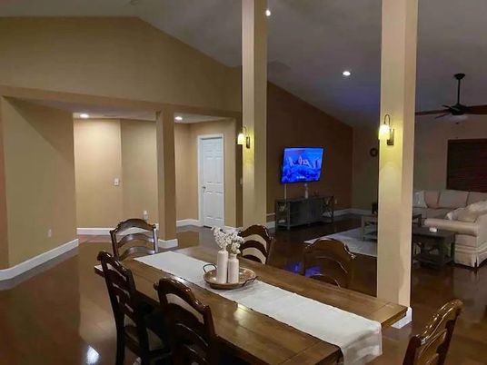 Dining room, Interior, Living room, Recessed Lighting, Wood Texture Flooring