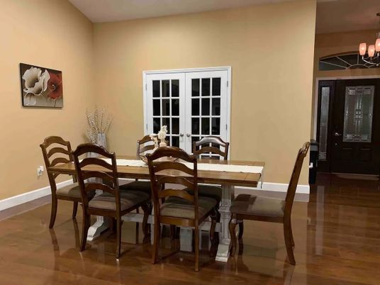 Chandelier, Dining room, Interior, Wood Texture Flooring