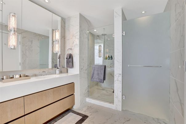 Bathroom, Glass Shower, Interior, Marble, Marble Walls, Recessed Lighting