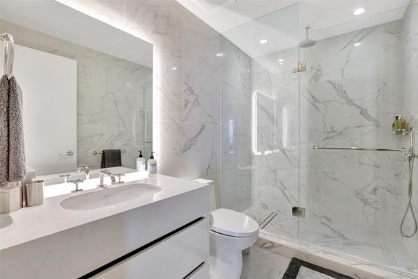 Bathroom, Glass Shower, Interior, Marble, Marble Walls, Recessed Lighting