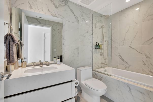 Bathroom, Glass Shower, Interior, Marble Walls, Recessed Lighting