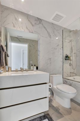 Bathroom, Glass Shower, Interior, Marble, Marble Walls, Recessed Lighting