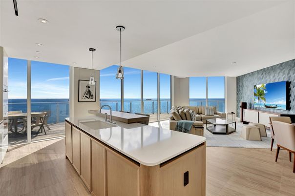 Dining room, Interior, Kitchen, Living room, Pendant Lights, Recessed Lighting, Water, Wood Texture Flooring