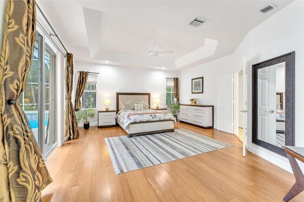 Bedroom, Interior, Recessed Lighting, Wood Texture Flooring