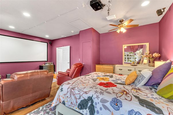 Bedroom, Interior, Projection Screen, Recessed Lighting, Wood Texture Flooring