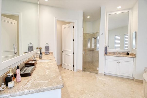 Bathroom, Dual Sink Vanities, Glass Shower, Interior, Recessed Lighting