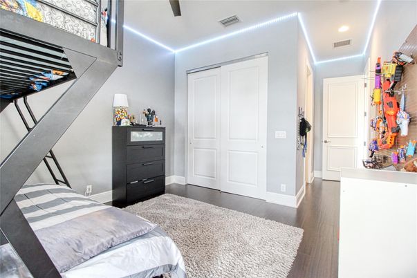 Bedroom, Interior, Recessed Lighting, Wood Texture Flooring