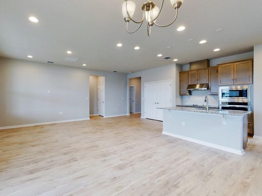 Chandelier, Empty room, Interior, Kitchen, Recessed Lighting, Stainless Steel Appliances, Wood Texture Flooring