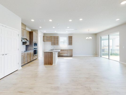 Chandelier, Interior, Kitchen, Recessed Lighting, Stainless Steel Appliances, Wood Texture Flooring