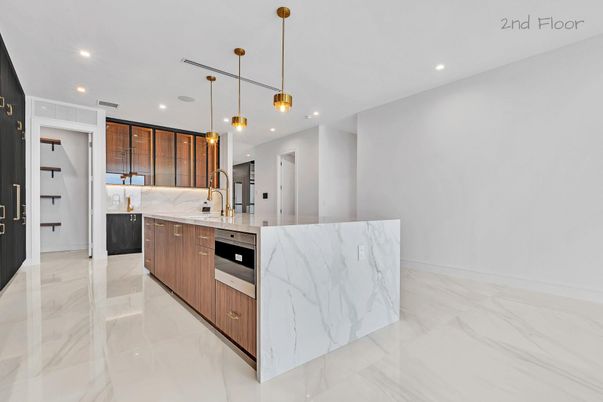 Interior, Kitchen, Marble, Pendant Lights, Recessed Lighting, Stainless Steel Appliances
