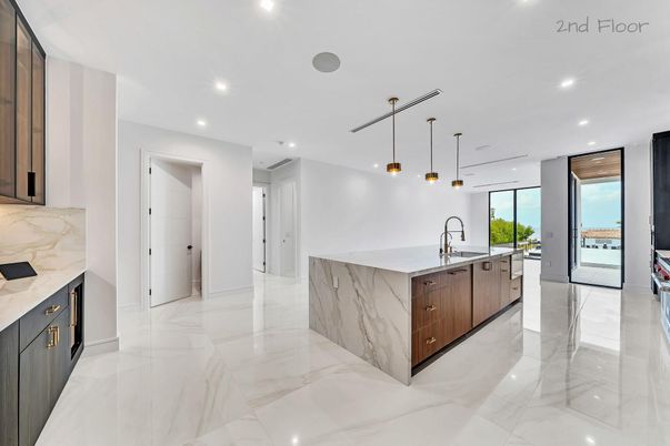 Interior, Kitchen, Marble, Marble Walls, Pendant Lights, Recessed Lighting, Water