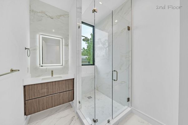 Bathroom, Glass Shower, Interior, Marble, Marble Walls, Recessed Lighting