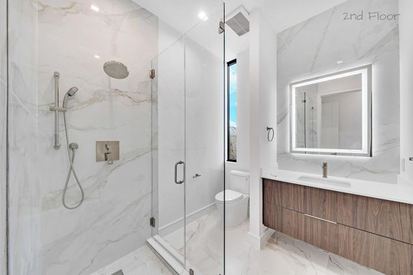 Bathroom, Glass Shower, Interior, Marble, Marble Walls, Recessed Lighting