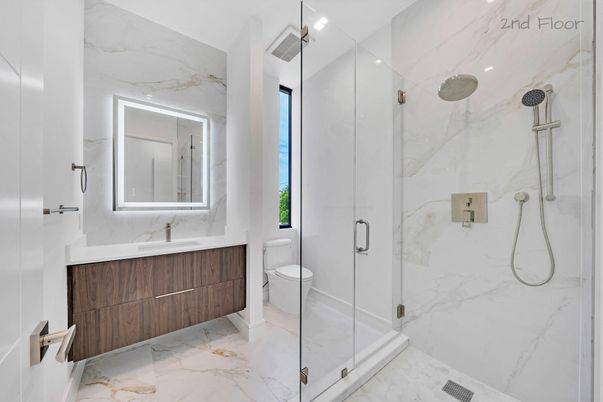 Bathroom, Glass Shower, Interior, Marble, Marble Walls, Recessed Lighting