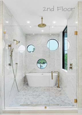 Bathroom, Free Standing Baths, Glass Shower, Interior, Marble Walls, Recessed Lighting