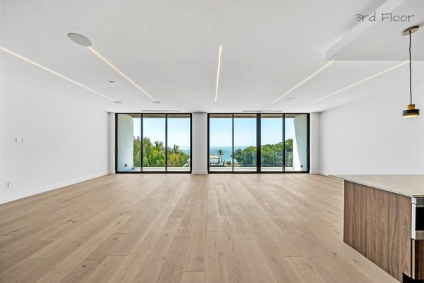 Empty room, Interior, Pendant Lights, Recessed Lighting, Water, Wood Texture Flooring