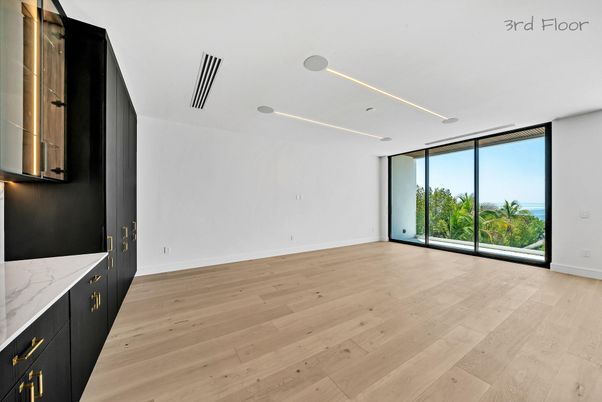 Empty room, Interior, Recessed Lighting, Water, Wood Texture Flooring