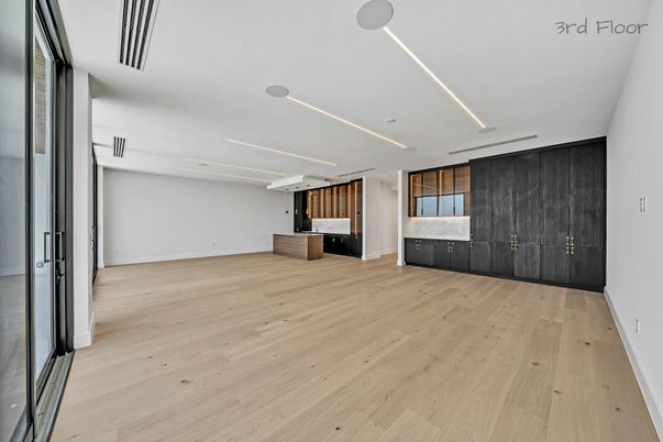 Empty room, Interior, Kitchen, Recessed Lighting, Wood Texture Flooring