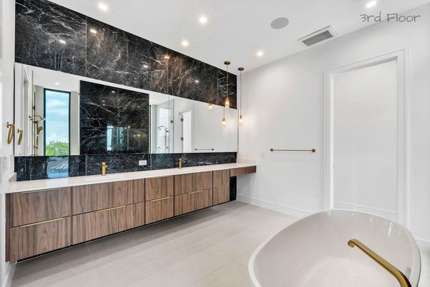 Bathroom, Dual Sink Vanities, Free Standing Baths, Interior, Marble Walls, Recessed Lighting