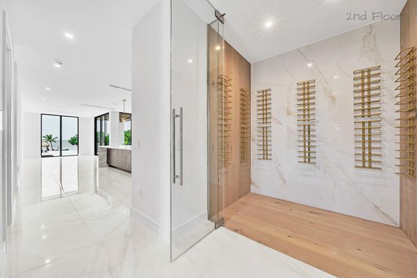 Interior, Kitchen, Marble, Marble Walls, Recessed Lighting, Wine Storage, Wood Texture Flooring