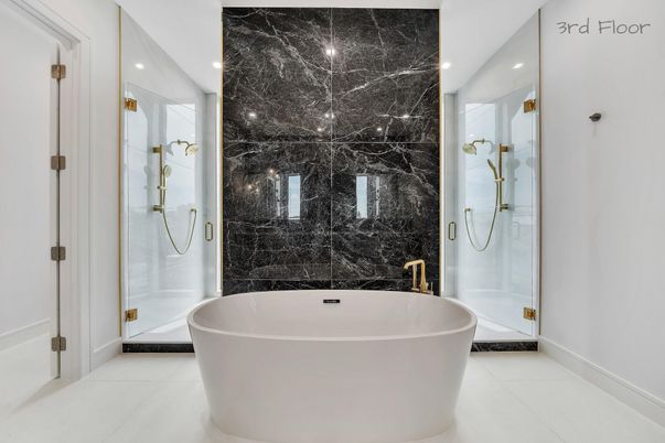 Bathroom, Free Standing Baths, Glass Shower, Interior, Marble Walls, Recessed Lighting