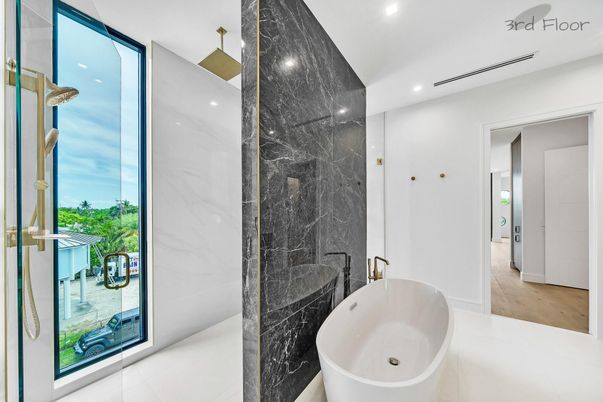 Bathroom, Free Standing Baths, Glass Shower, Interior, Marble Walls, Recessed Lighting