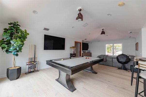 Billiard Table, Game Room, Interior, Recessed Lighting, Wood Texture Flooring