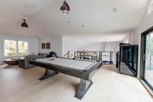 Billiard Table, Chandelier, Game Room, Interior, Living room, Wood Texture Flooring