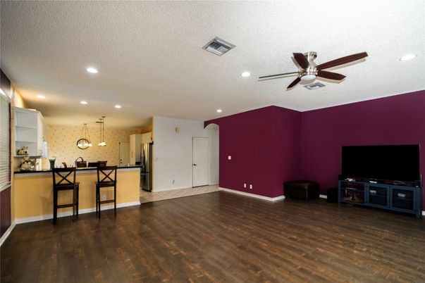 Interior, Kitchen, Pendant Lights, Recessed Lighting, Wood Texture Flooring